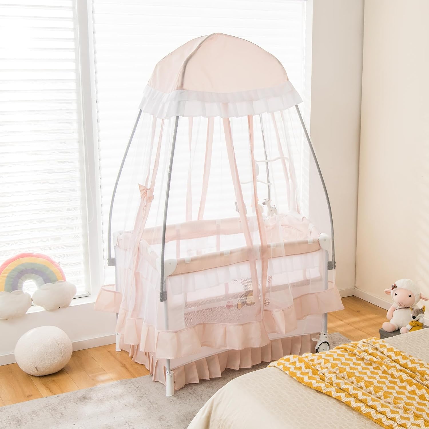 HONEY JOY 4-in-1 Pack and Play with Canopy, Portable Baby Playard w/Changing Table and Infant Bassinet Cute Toys & Music