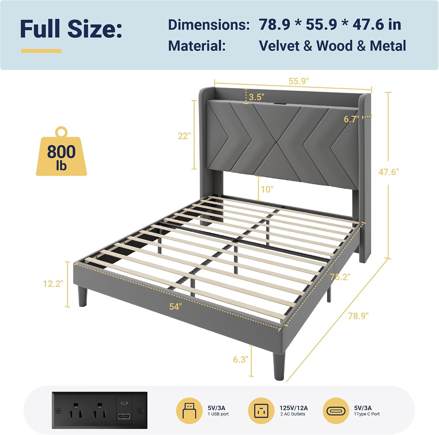 Allewie Full Size Platform Bed Frame with Charging Station and Storage Shelf/Upholstered Velvet Wingback Headboard/Wooden Slats Support/No Box Spring Needed/Easy Assembly, White