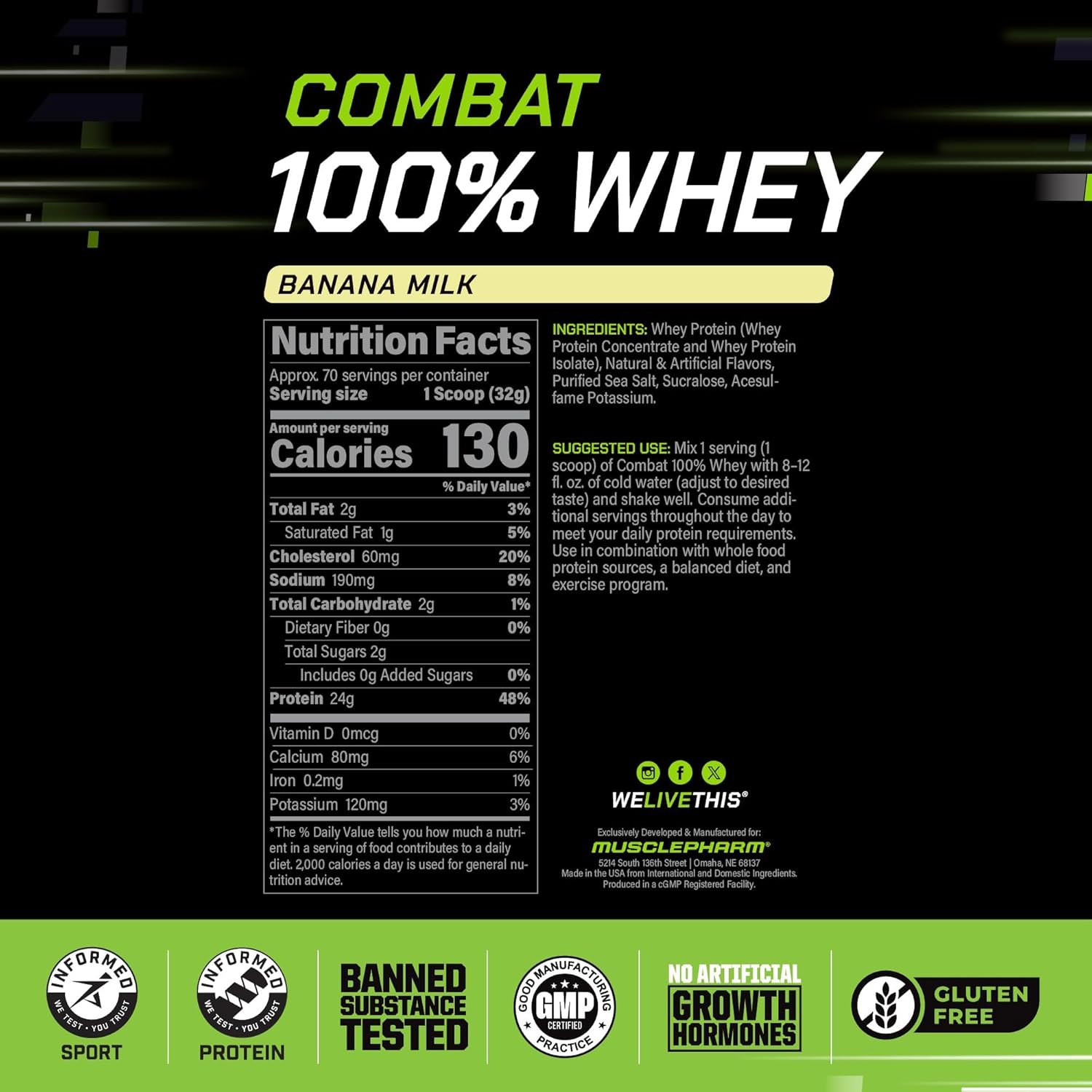 MusclePharm Combat 100% Whey Protein Powder, Vanilla Flavor, Fast Recovery & Muscle Gain with Whey Protein Isolate, High Protein Powder for Women & Men, Gluten Free, 5 lb, 70 Servings | Whey Protein Isolate, Fast Recovery Support, Muscle Gain Support, Hi…