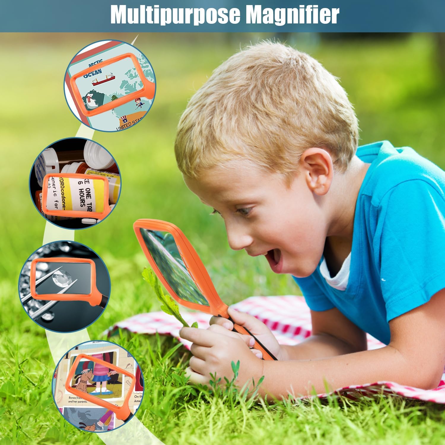 Folding Handheld Magnifying Glass with Light, 5X Large Rectangle Reading Magnifier with Dimmable LED for Seniors with Macular Degeneration, Newspaper