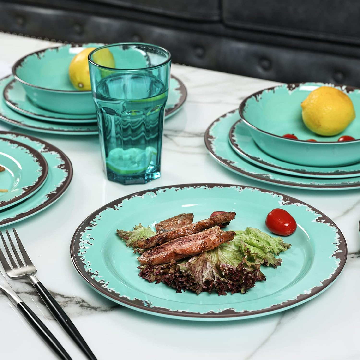 Rustic Melamine Dinnerware Set,12-Piece Plates and Bowls Sets,Yinshine Unbreakable Melamine Dish Set,Lightweight,Service for 4,Dishwasher Safe,Green