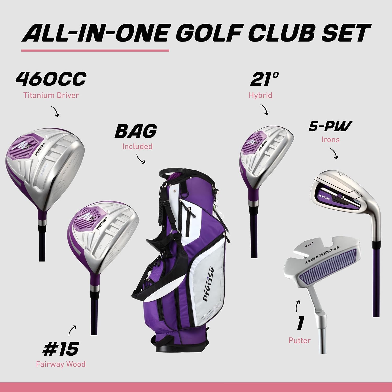Precise M5 - Women's Golf Club Set - Purple | Titanium Driver, Fairway & Hybrid, Irons Through Wedge, Putter, Headcovers, Graphite Shafts, Petite To Tall