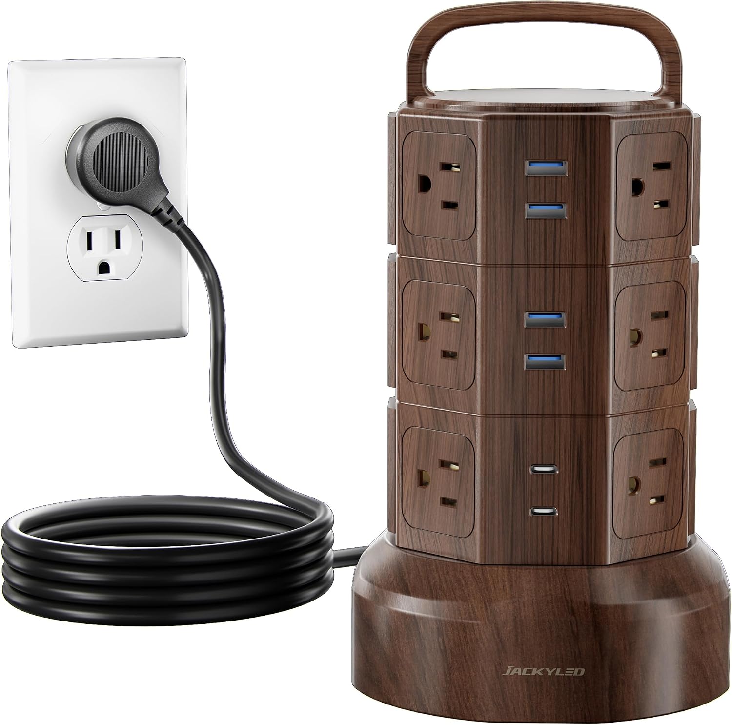 JACKYLED Power Strip Tower Surge Protector, 12 AC 6 USB (2 USB C), 1050J