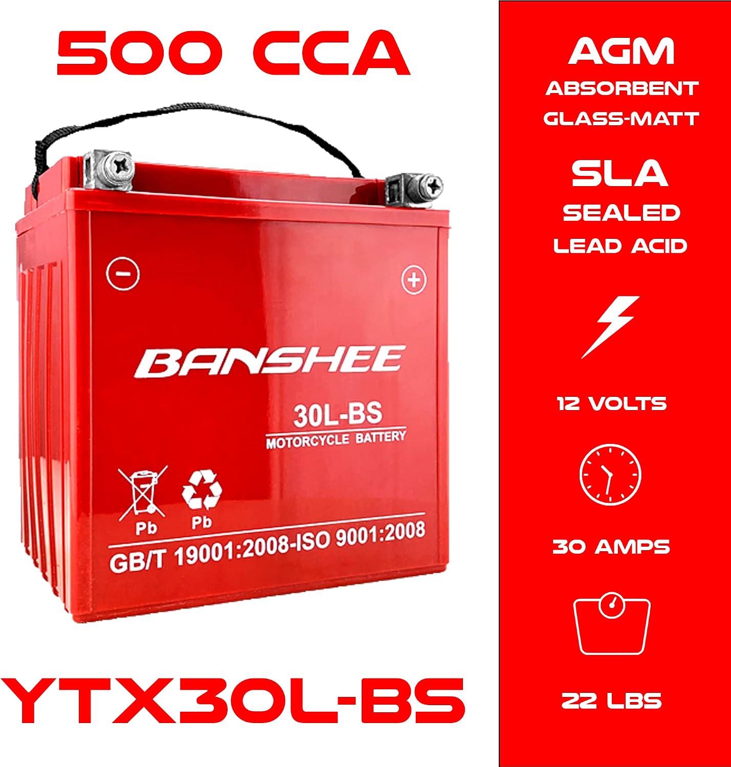 Banshee YTX30L-BS High Performance Power Sports Battery 500CCA