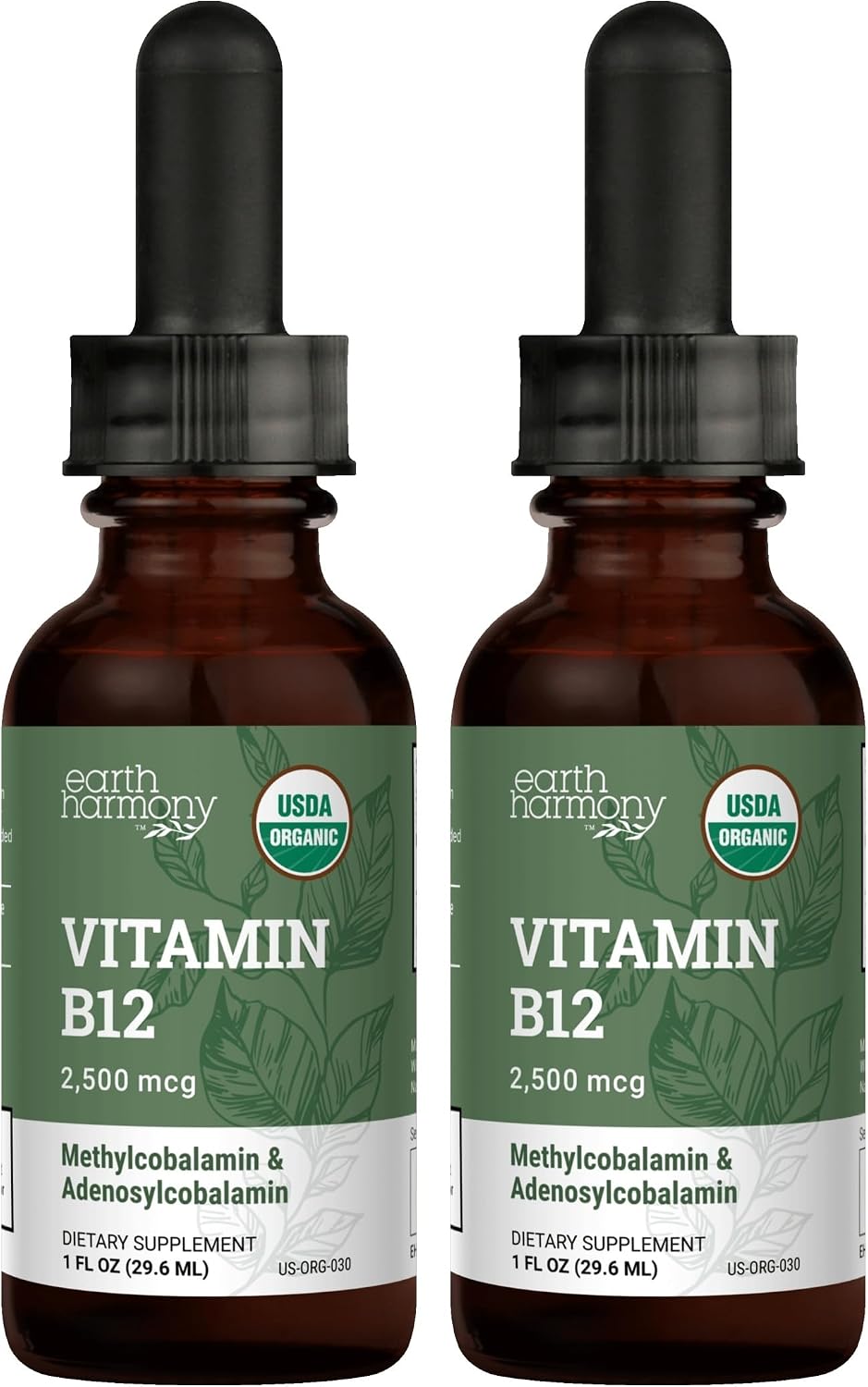 Earth Harmony Naturals Organic Vegan Vitamin B12 Sublingual Liquid Supplement - 2500mcg Methylcobalamin Drops for Natural Energy, Metabolism Health and Immune System Support - 1 Fl Oz