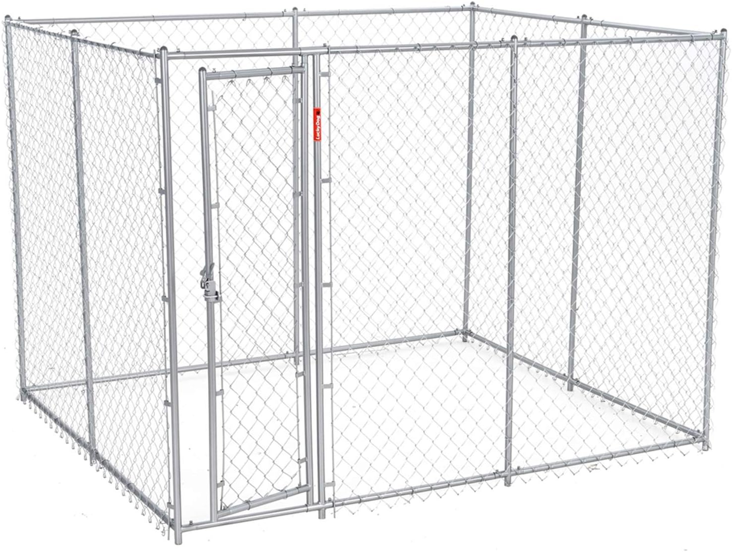 Lucky Dog 10' x 10' x 6' Heavy Duty Outdoor Welded Galvanized Steel Chain Link Dog Kennel Enclosure with 2 Configurations and Latching Door, Silver