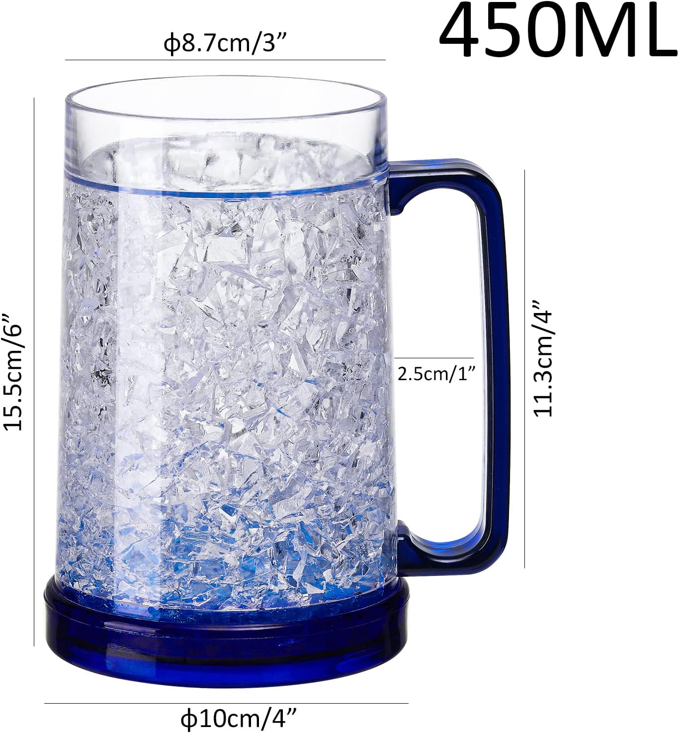 Double Wall Gel Frosty Freezer Ice Mugs Clear 16oz Set of 4 (Blue, Red, Orange and Green)
