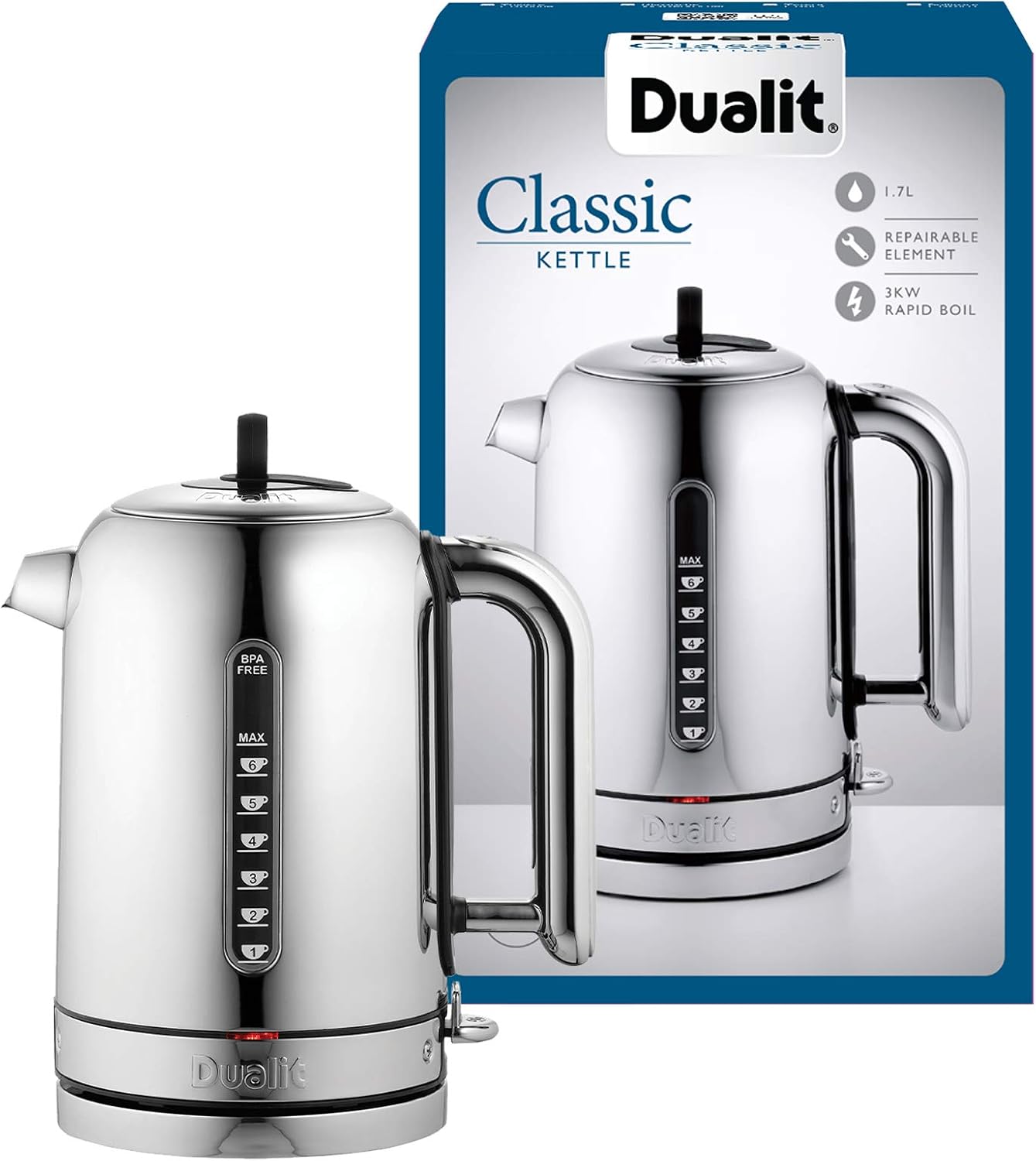 Dualit Classic Kettle - Polished Stainless Steel with Black trim- Quiet boiling kettle - 90 Second Boil Time - 1.7L Capacity, 1.5kW