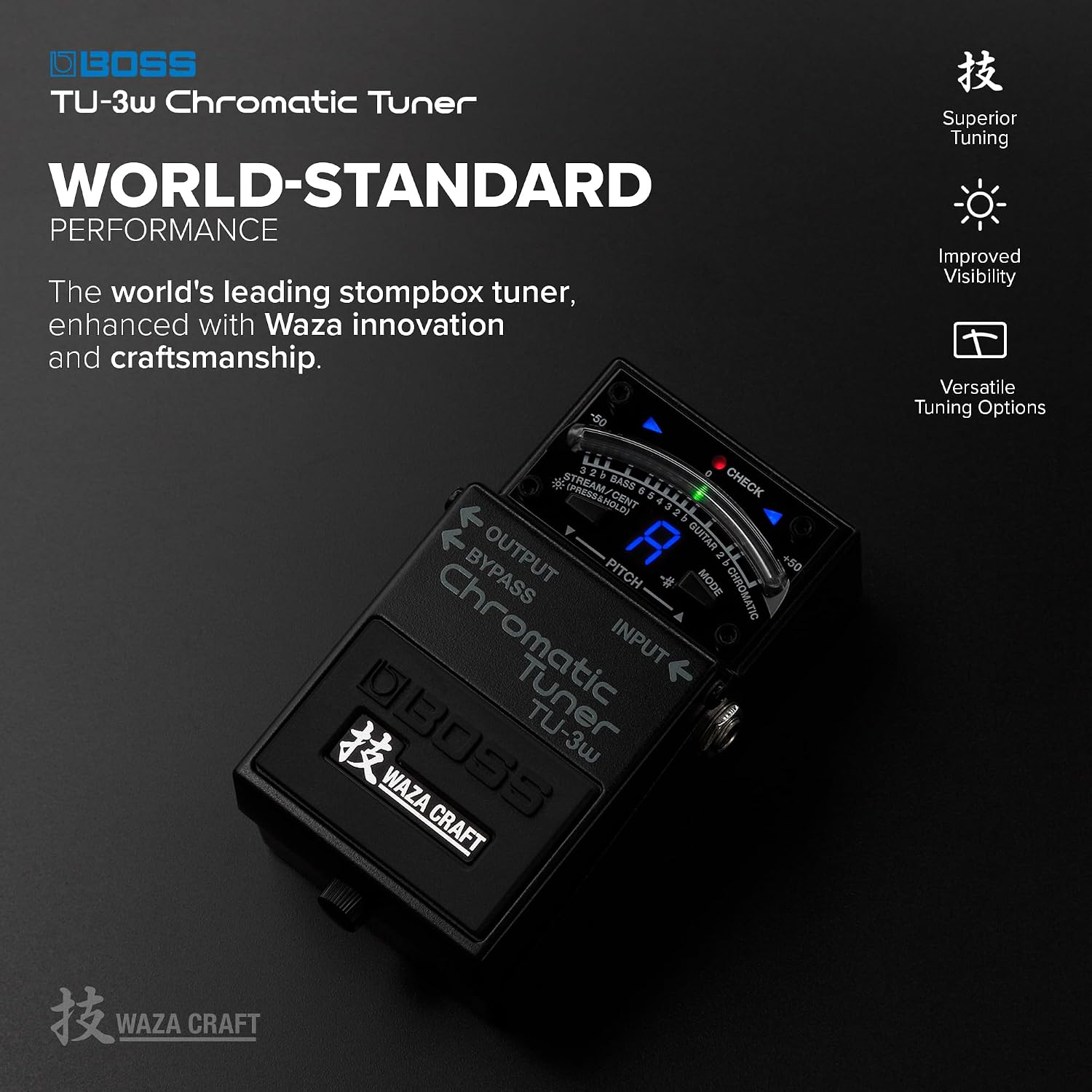 BOSS TU-3W Waza Craft Compact Chromatic Tuner | Enhanced with Waza Innovation & Craftsmanship | Superior Tuning for Guitar and Bass | 21-Segment
