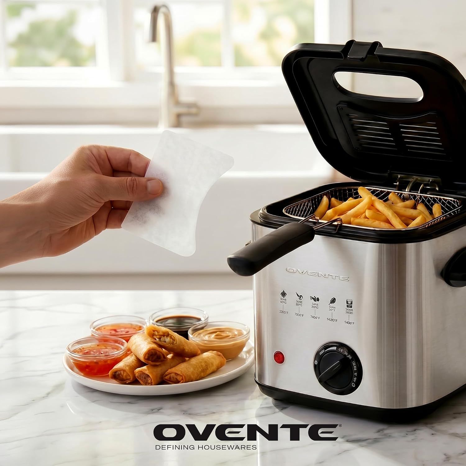 OVENTE Electric Deep Fryer, 0.9L Capacity, 840W, Silver FDM1091BR | Adjustable Temperature Knob, Locking Lid, Removable Frying Basket and Cool Touch Handle, Easy to Clean Stainless Steel Body