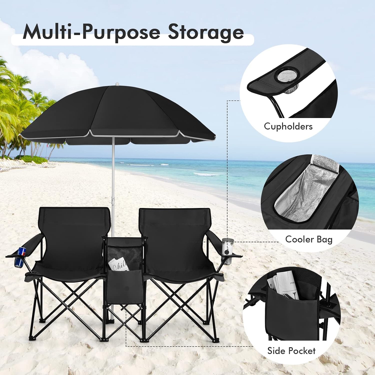 COSTWAY Double Portable Picnic Chairs, Folding Camping Chairs w/Detachable Umbrella, Cooler Bag, Cup Holders, Patio Beach Camping Chairs for Outdoors, Blue | Detachable Umbrella, Cooler Bag, Cup Holders, Patio Beach Camping Chairs for Outdoors, Blue