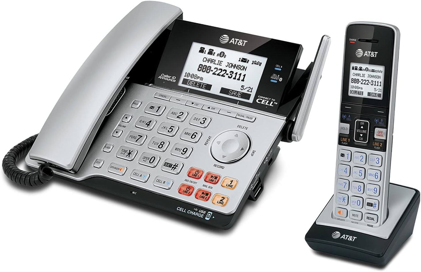 AT&T TL86103 2-Line Corded/Cordless Phone System for Small Business with Answering Machine, Connect-to-Cell Bluetooth, Caller ID, Intercom, Long Range & Expandable to 12 Handsets (Silver/Black)