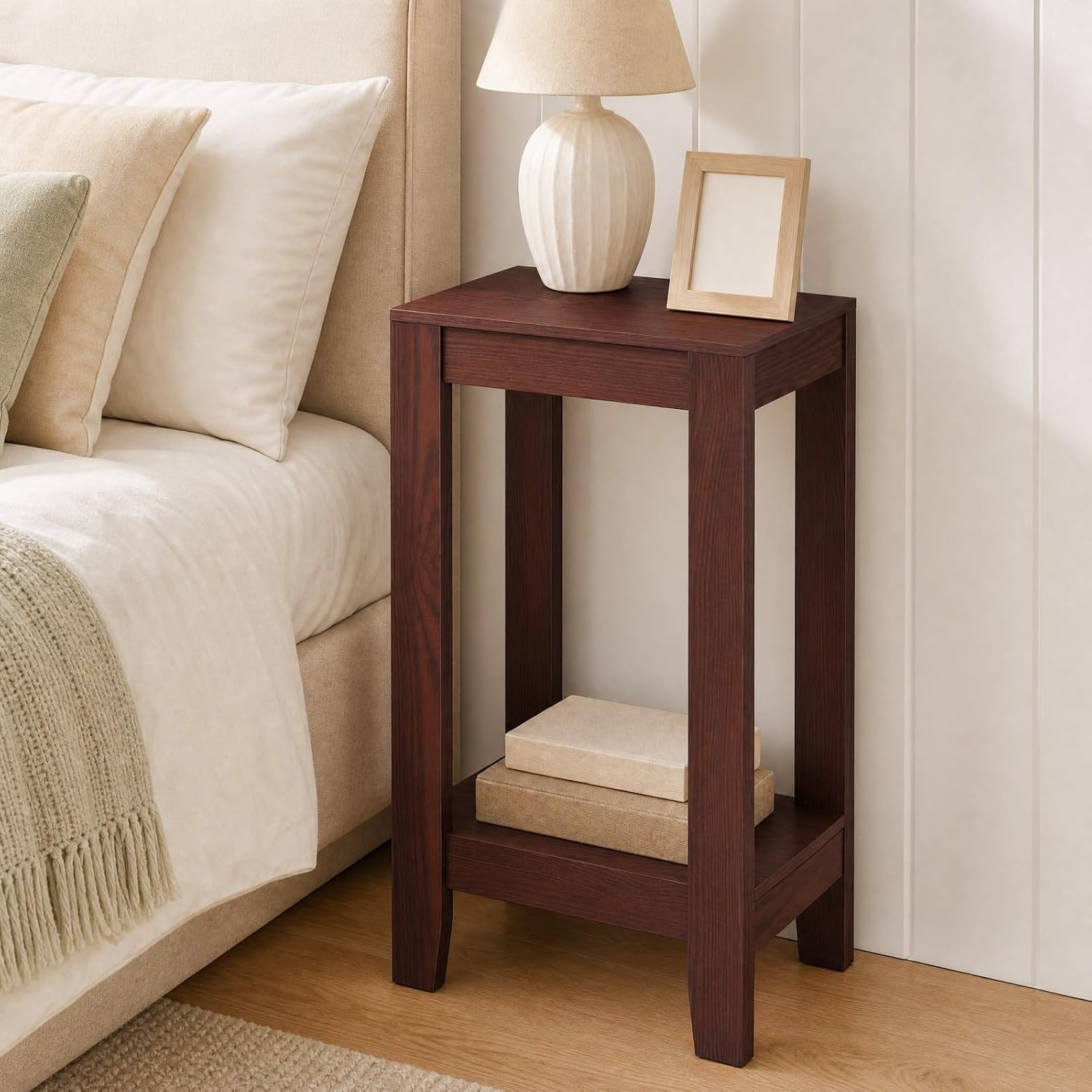 Giantex 2-Tier End Table Nightstand, Bedside Sofa Table for Living Room Bedroom, Narrow Telephone Table with Shelf and Legs for Small Spaces, Espresso
