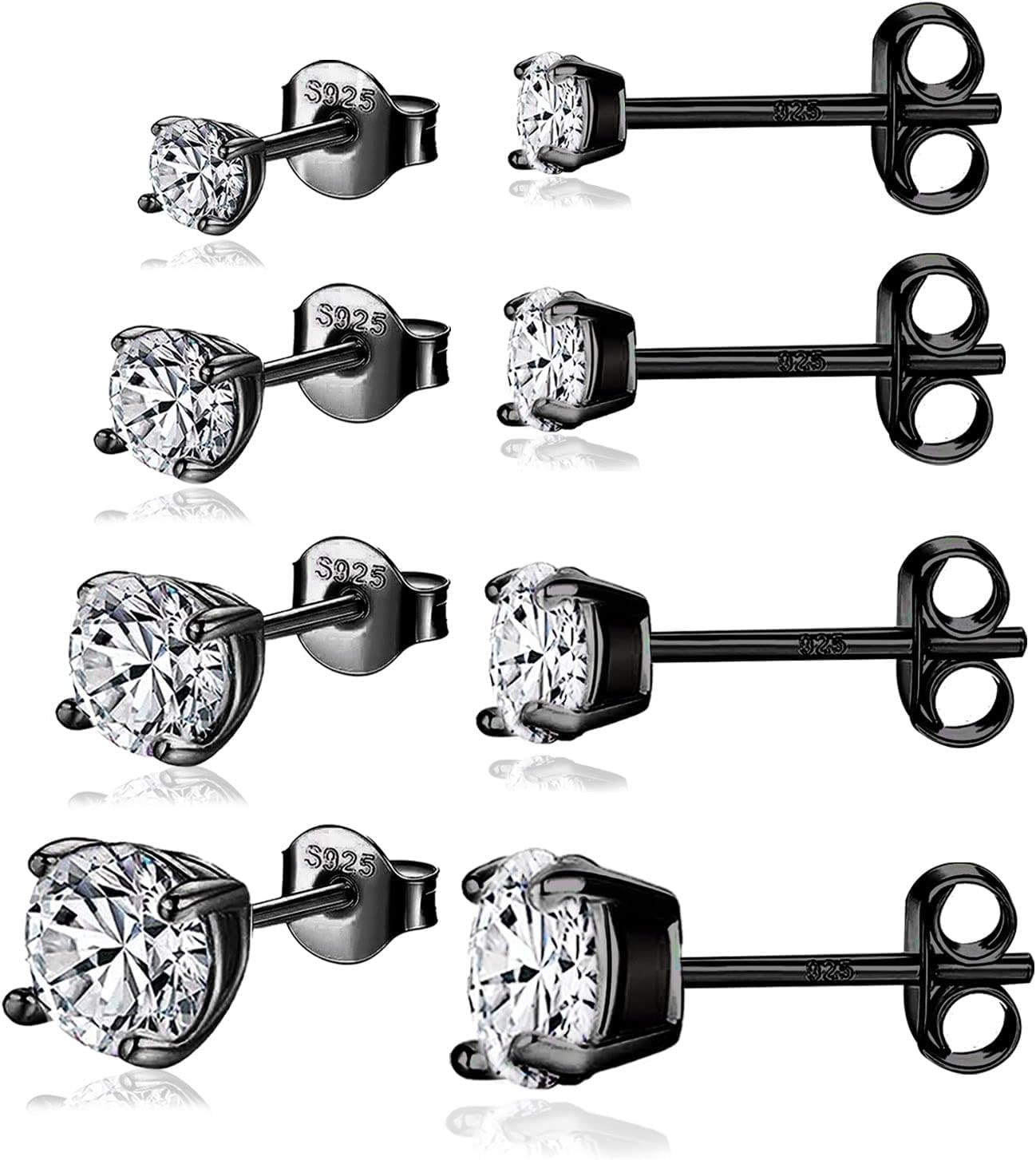 925 Sterling Silver Stud earrings Set | White Gold Plated Hypoallergenic Stud Earrings | Cubic Zirconia Stud Earrings for Women (2mm, 3mm, 4mm, 5mm