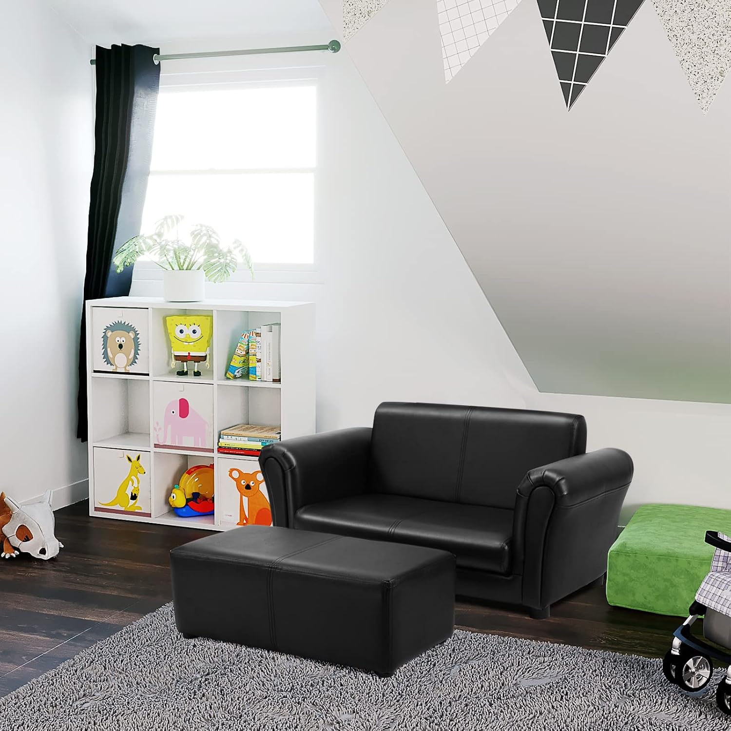 HONEY JOY Kids Sofa, 2 Seat Toddler Couch Lounge Bed with Ottoman, Sturdy Wood Construction