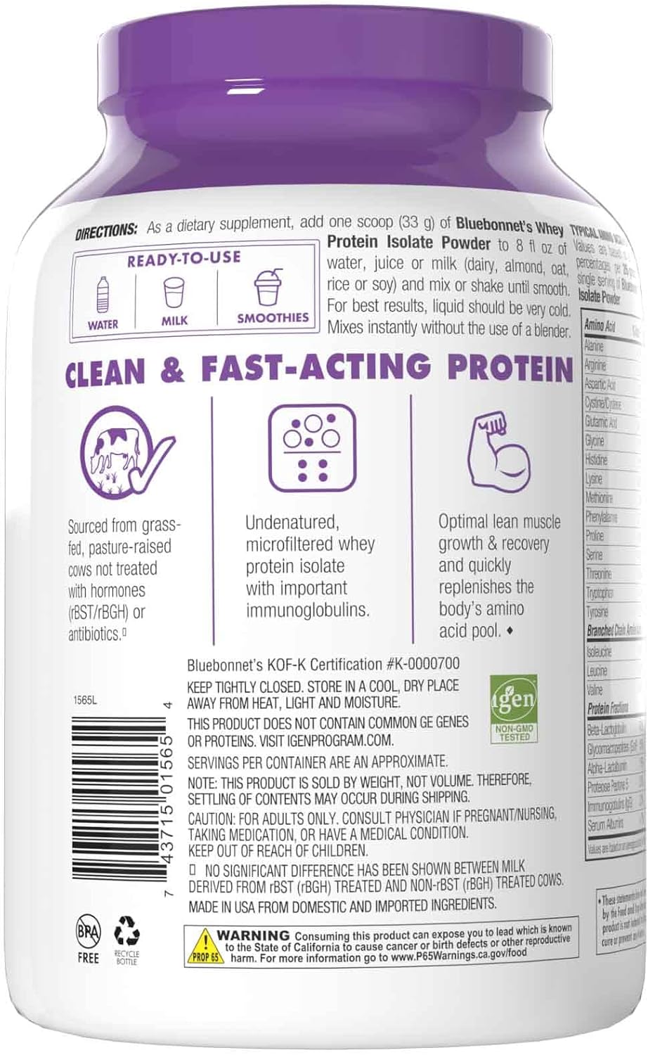 Bluebonnet Nutrition Whey Protein Isolate Powder, Whey from Grass Fed Cows, 26 Grams of Protein, No Sugar Added, Gluten Free, Soy Free, Kosher Dairy, 2.2 lbs, 32 Servings, Original Unflavored | Kosher
