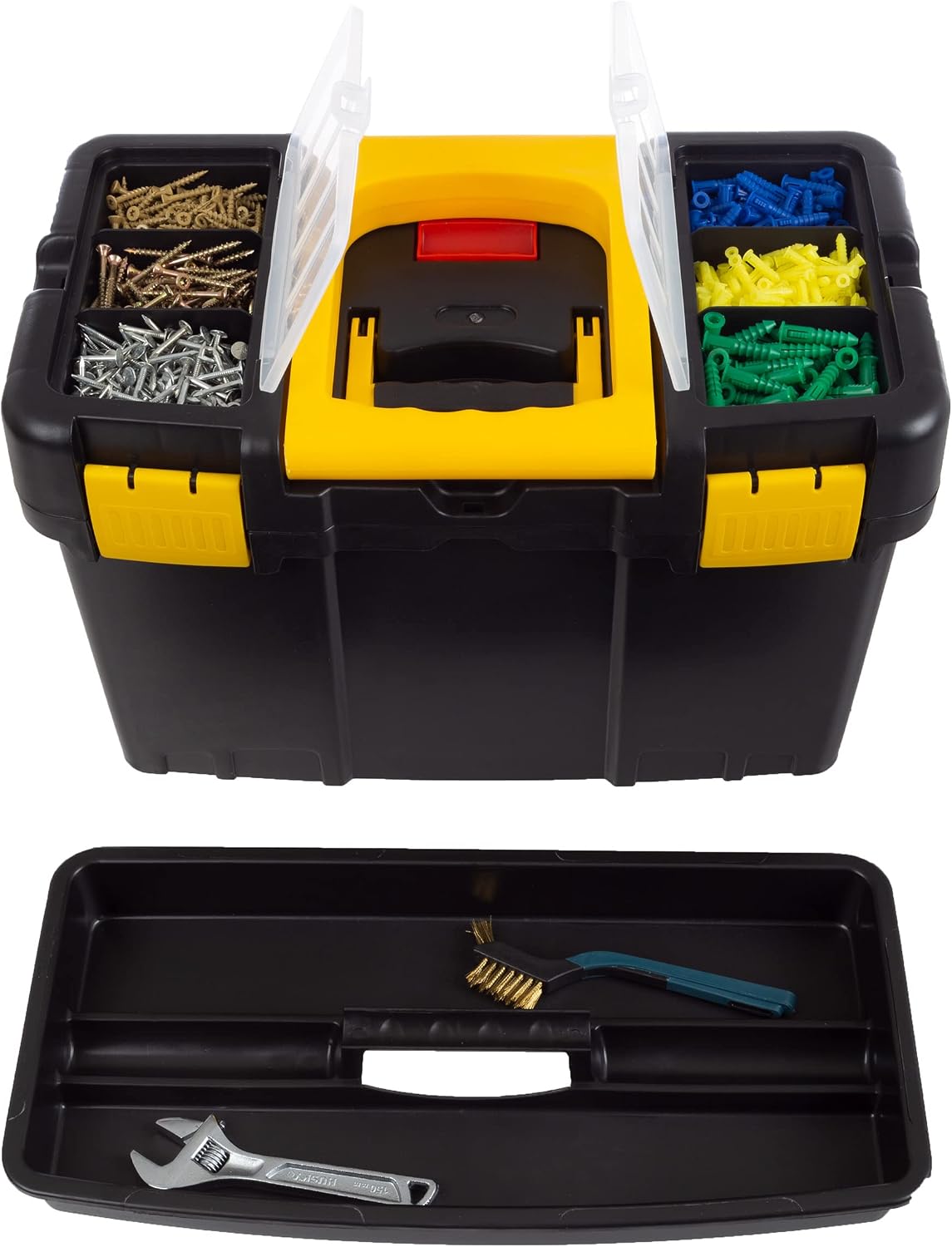 Portable Tool Box on Wheels - Stackable 3-in-1 Chest for Workshops and Craft Rooms - Foldable Comfort Handle and Latches by Stalwart (Black/Yellow)