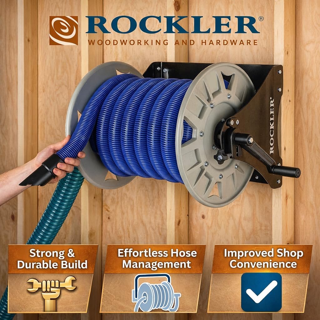 Rockler Wall Mount Vacuum Hose Reel Holds 40 ft 1-1/2 Inch Hose | Vacuum Hose Reel – Organized Hose Storage – Wall Mount Reel – Holds 40 ft