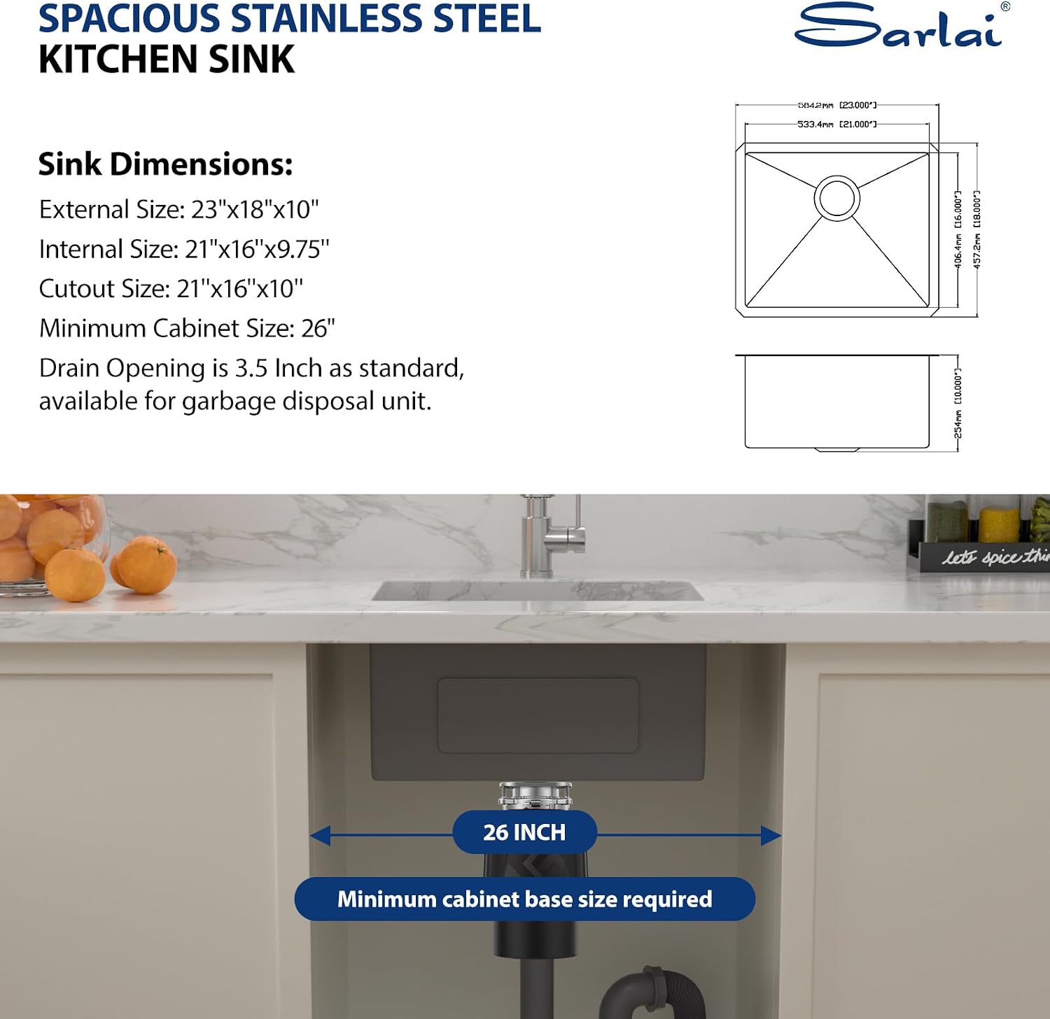Sarlai 21 Inch Undermount Laundry Sink 21x18x12 Inch Undermount Laundry Utility Sink Deep Single Bowl 16 Gauge Stainless Steel Laundry Tub Sinks