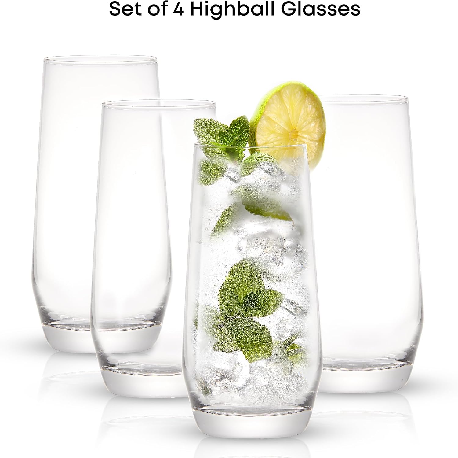 JoyJolt Gwen 18.5 oz Highball Glasses, 4pc Tall Glass Sets. Lead-Free Crystal Glass Drinking Glasses. Water Glasses, Mojito Glass Cups