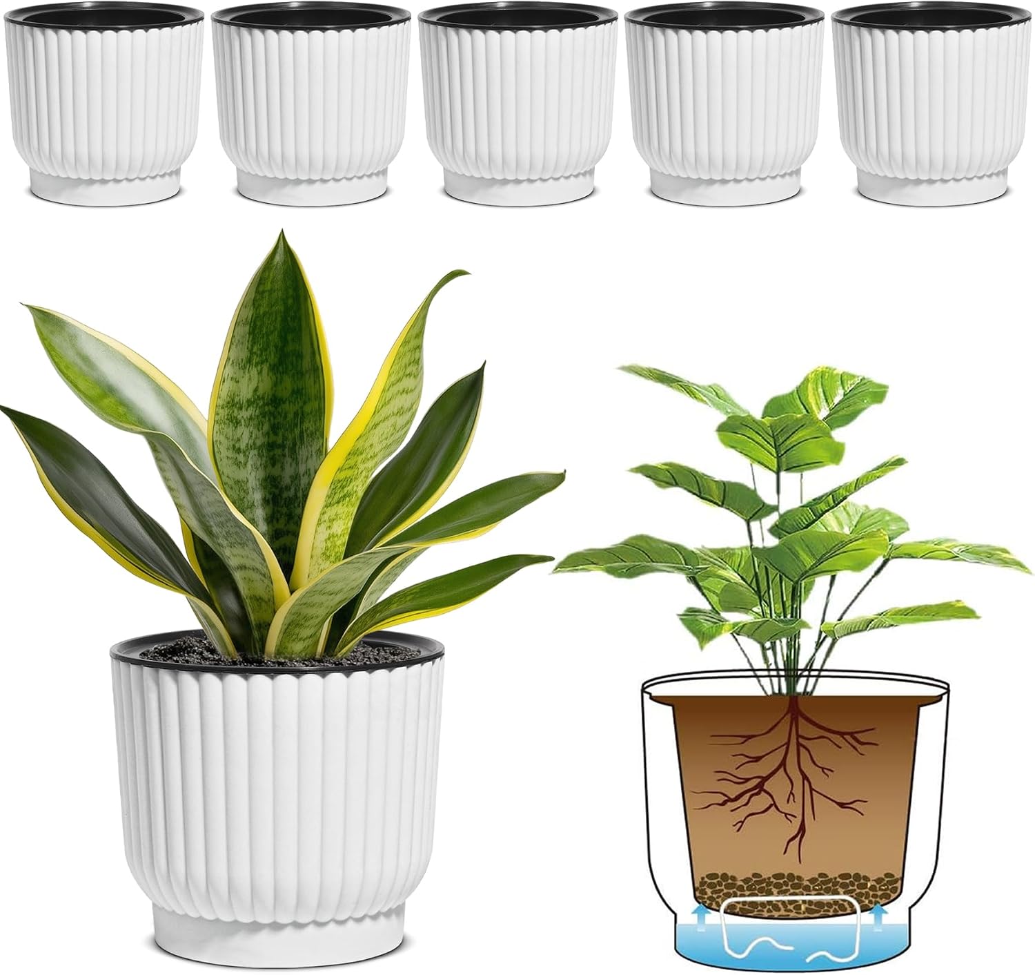 T4U Self Watering Pots for Indoor Plants, 4 Inch 6 Pack Planter White