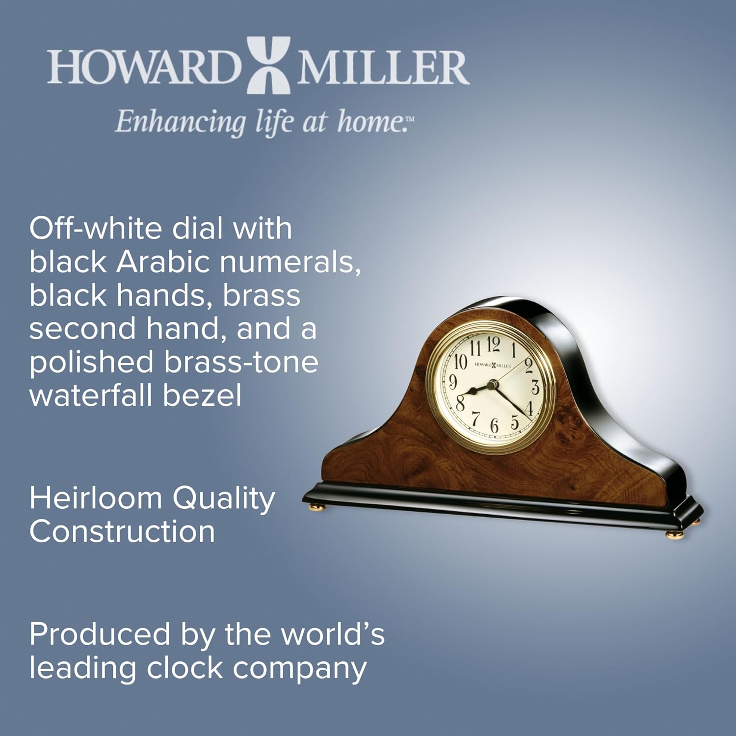 Howard Miller Baxter Tambour Mantel Clock – Burl Wood & Walnut Finish, Arabic Numerals, Brass Accents, Quartz Movement
