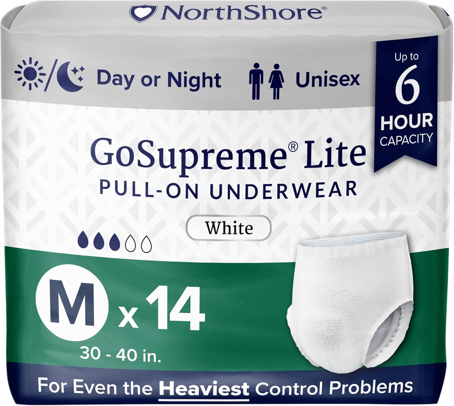 NorthShore GoSupreme Lite 6-Hour Daytime Underwear, White, Medium, 14 Count