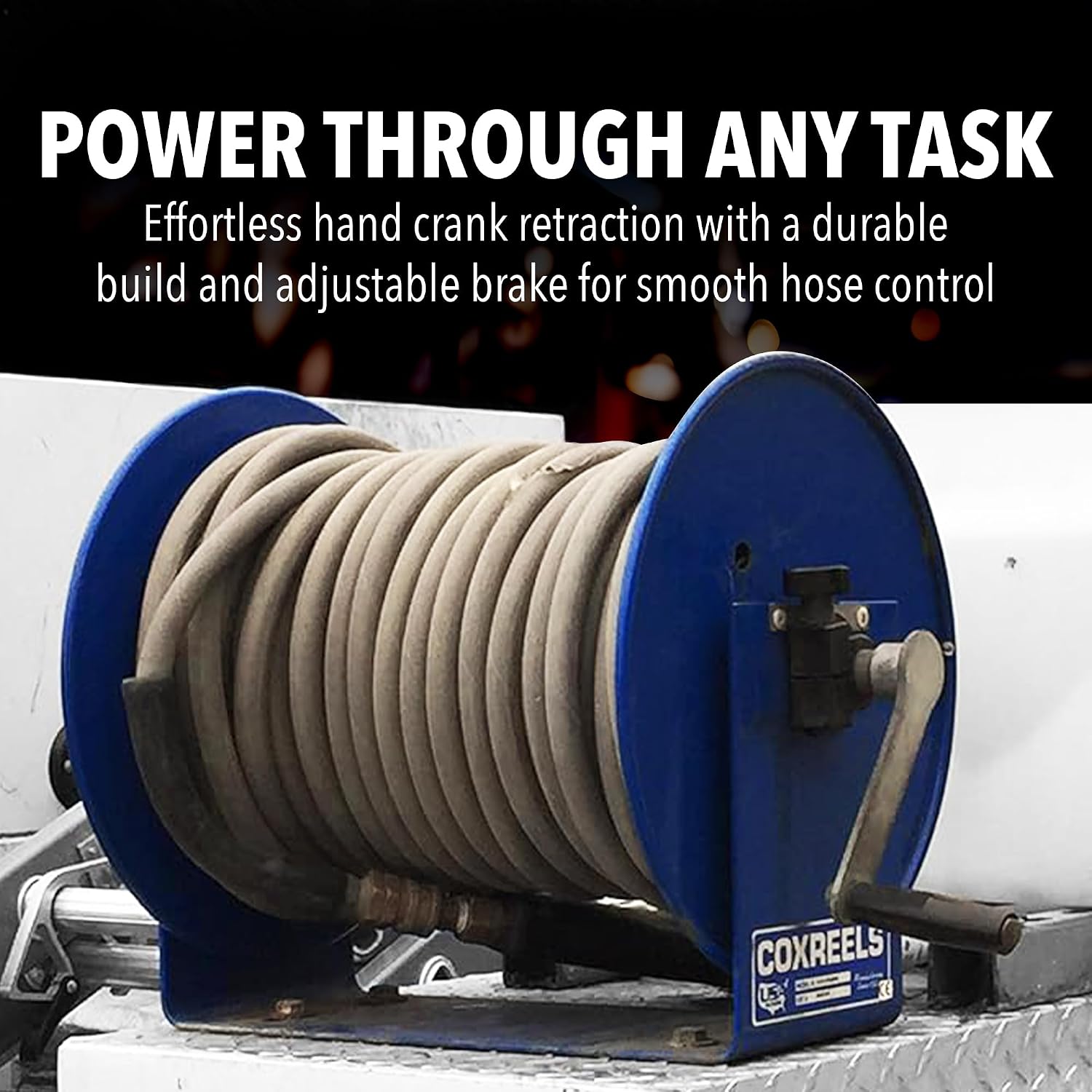 Coxreels 112-3-100 Hand Crank Hose Reel - Heavy-Duty Steel Frame for Stability - Adjustable Tension Brake for Controlled Operation- Fits 3/8 x 100 ft Hose - 12 x 18.25 x 13 inches