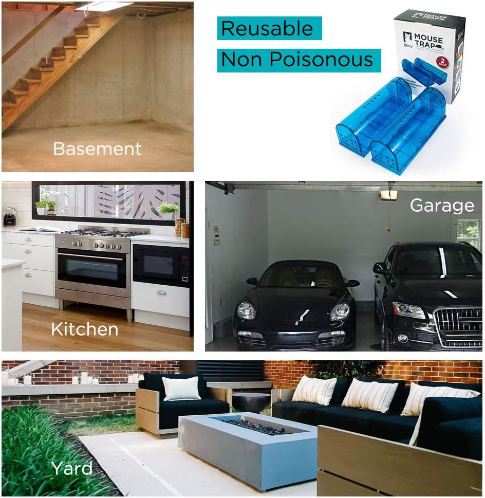 Humane Mouse Trap Reusable! [2-Pack] - Catch and Release No-Kill Rodent Traps for Indoors & Outdoors - Safe for Children & Pets - Reusable Mouse Catcher for Kitchen, Pantry & Garage Blinc (Blue)