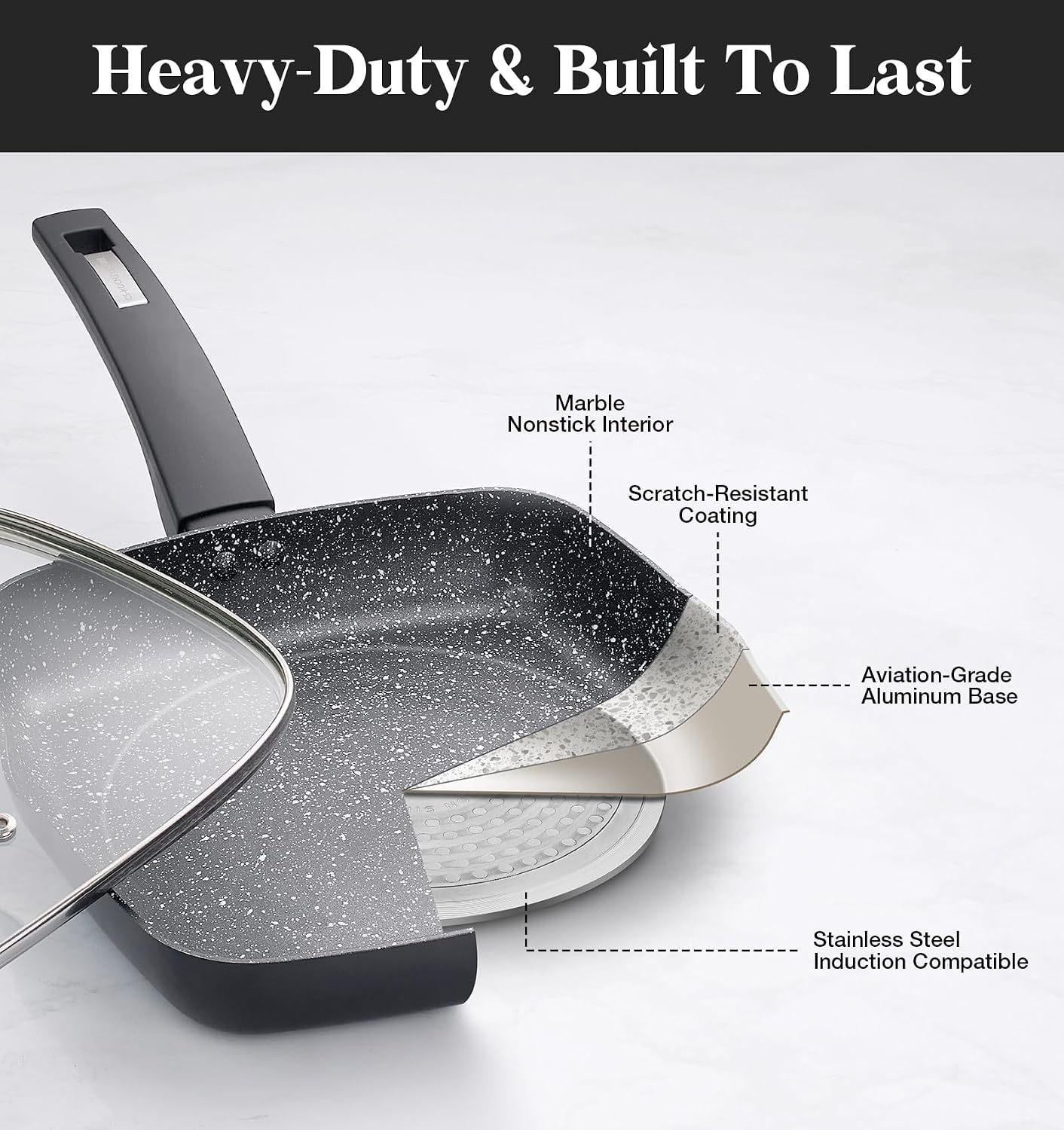 KOCH SYSTEME CS 9.5 Inch Nonstick Grill Pan for Stove Tops, Marble Coating Square Grill Skillet with Lid, Fry Pan Compatible with all Stoves