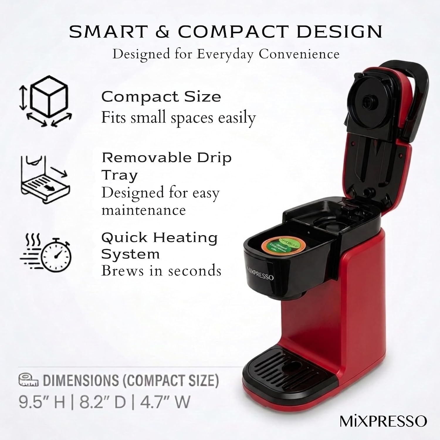 Mixpresso Single Serve Coffee Maker K Cup Coffee Maker for K Pods & Grounds | Compact 800W White Coffee Machine with 14 Oz Water Tank, Fast Brew & Auto Shut-Off, Small Design for Travel RV, Office& Dorm