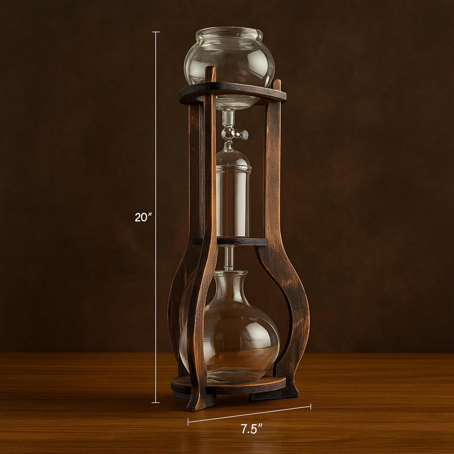 Nispira Iced Coffee Cold Brew Drip Tower Coffee Maker, 6–8 Cup Manual Cold Brew Brewer with Adjustable Valve, Wooden Frame & Glassware, Slow Cold Extraction System