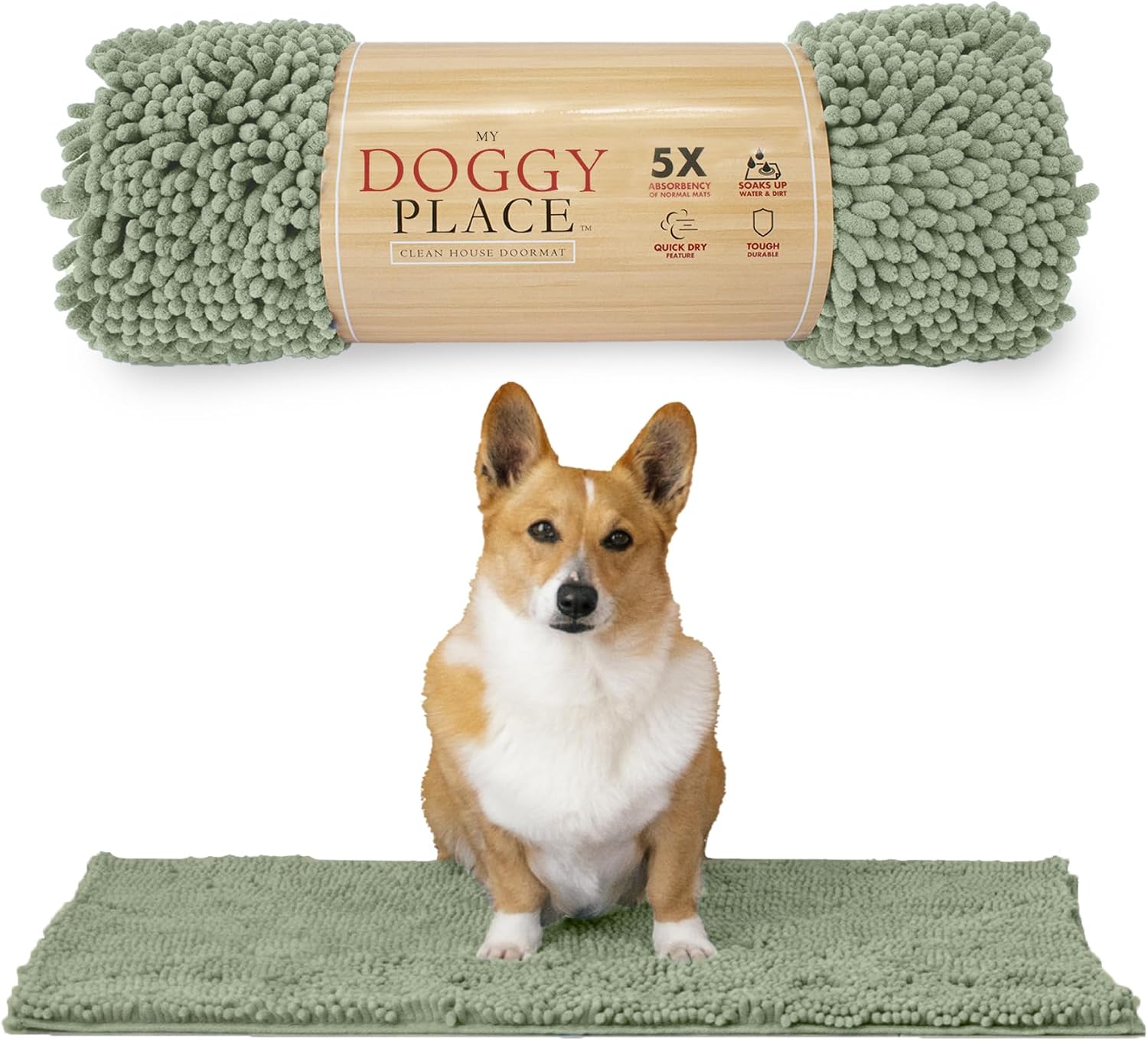 Dog Mud Mat, 31" x 20" Sage – Thick Microfiber Entry Rug for Snow, Mud & Salt – Absorbent, Quick-Dry, Washer-Safe & Non-Slip, Medium