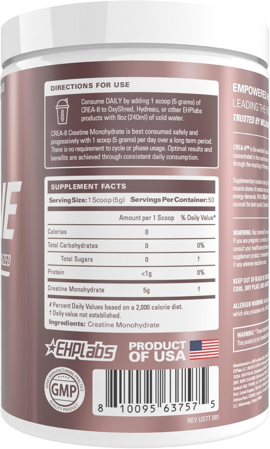 EHP Labs CREA-8 Creatine Monohydrate Powder, Unflavored, 100 Servings | Micronized Creatine For Muscle Growth, Strength & Energy. Mixes Easily, No Clumping. Pre Or Post Workout. 500g