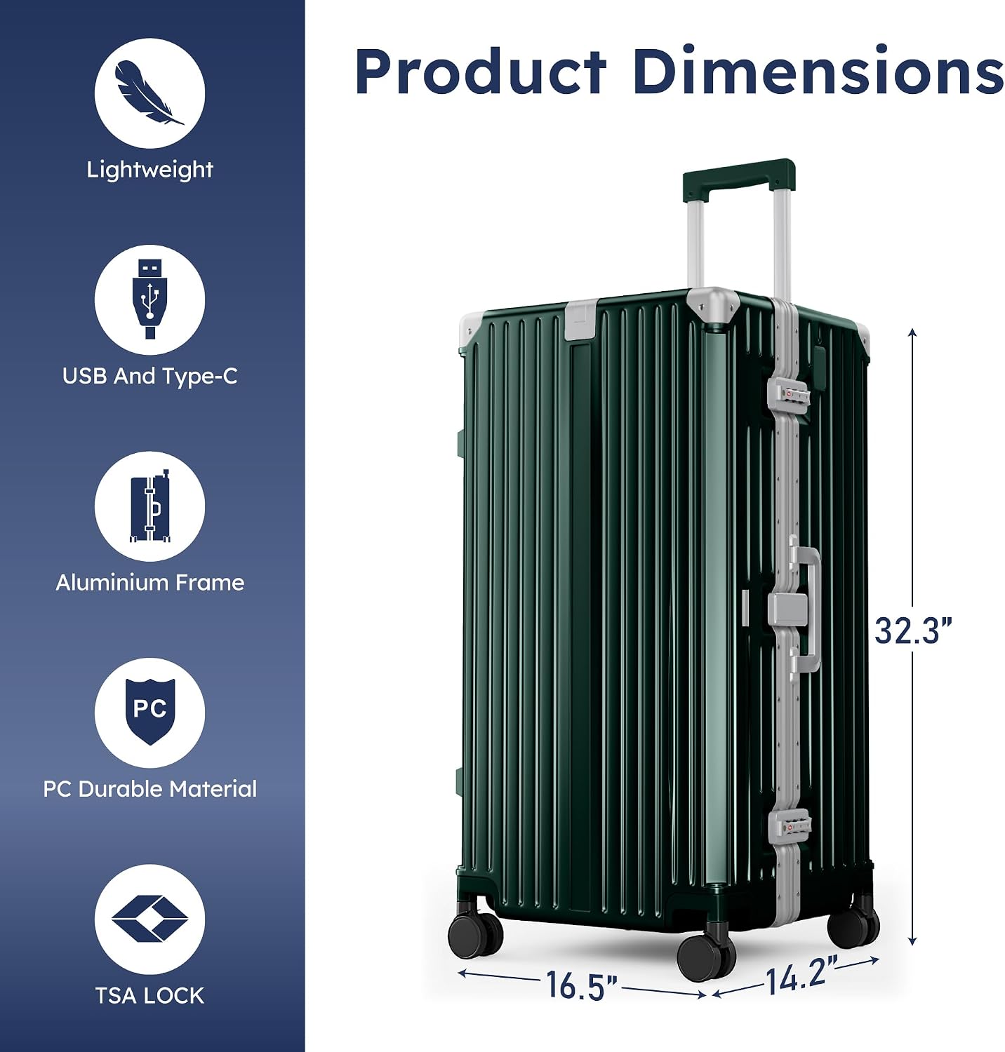 ALPHA CAMP Trunk Luggage 28 Inch with Aluminum Frame Zipperless Suitcase | Large Checked Thickened 3-Layer PC Hardside Luggage with TSA Lock,Charging Port,Cup Holder and Spinner Wheels for Travel
