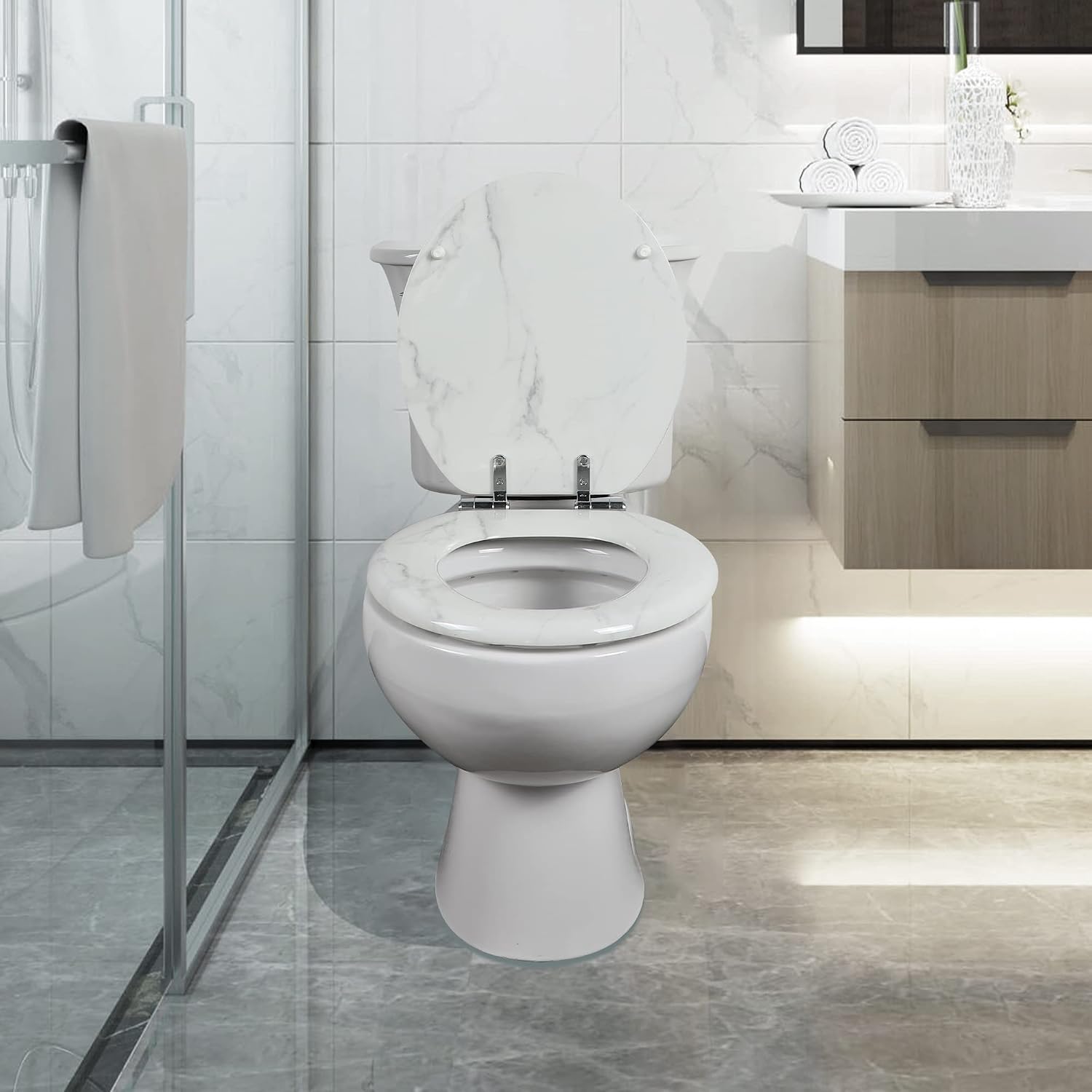Angel Shield Marble Toilet Seat Durable Molded Wood with Quiet Close,Easy Clean，Quick-Release Hinges (Elongated,Black Marble)