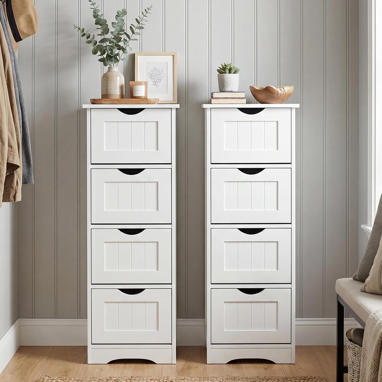 Tangkula Bathroom Floor Cabinet, Freestanding Narrow Side Storage Organizer with 4 Drawers, Multifunctional Towel Cabinet with Anti-Tip Kit for Living Room Laundry Entryway (4 Drawers, White)