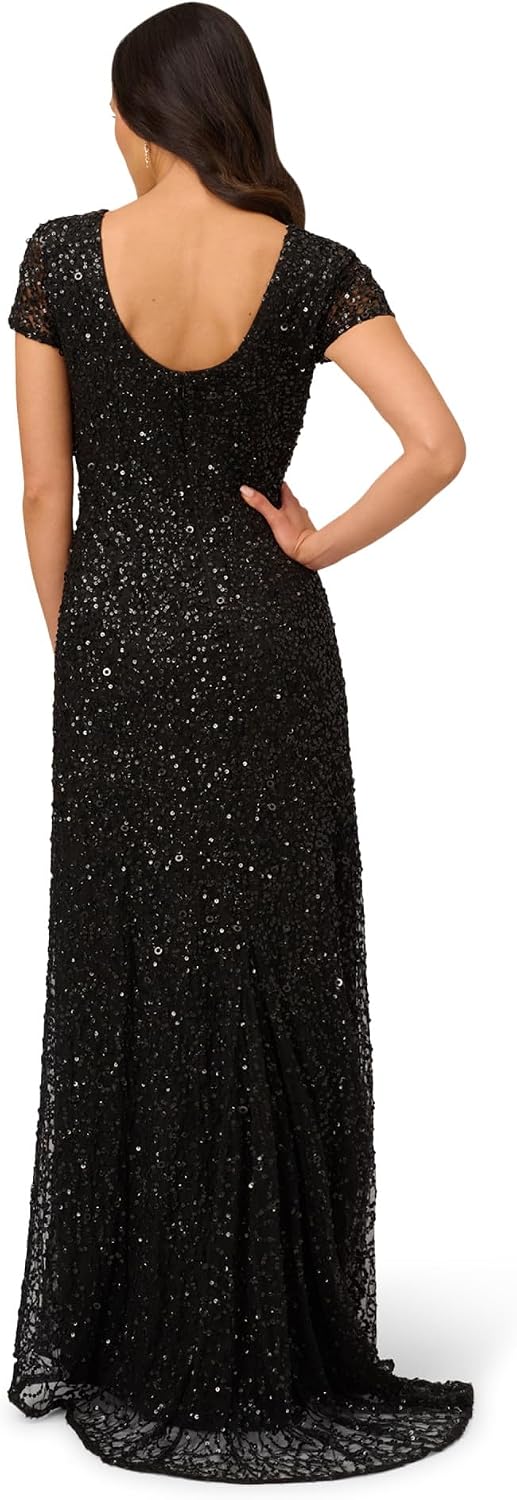 Adrianna Papell Womens Short-Sleeve All Over Sequin Gown