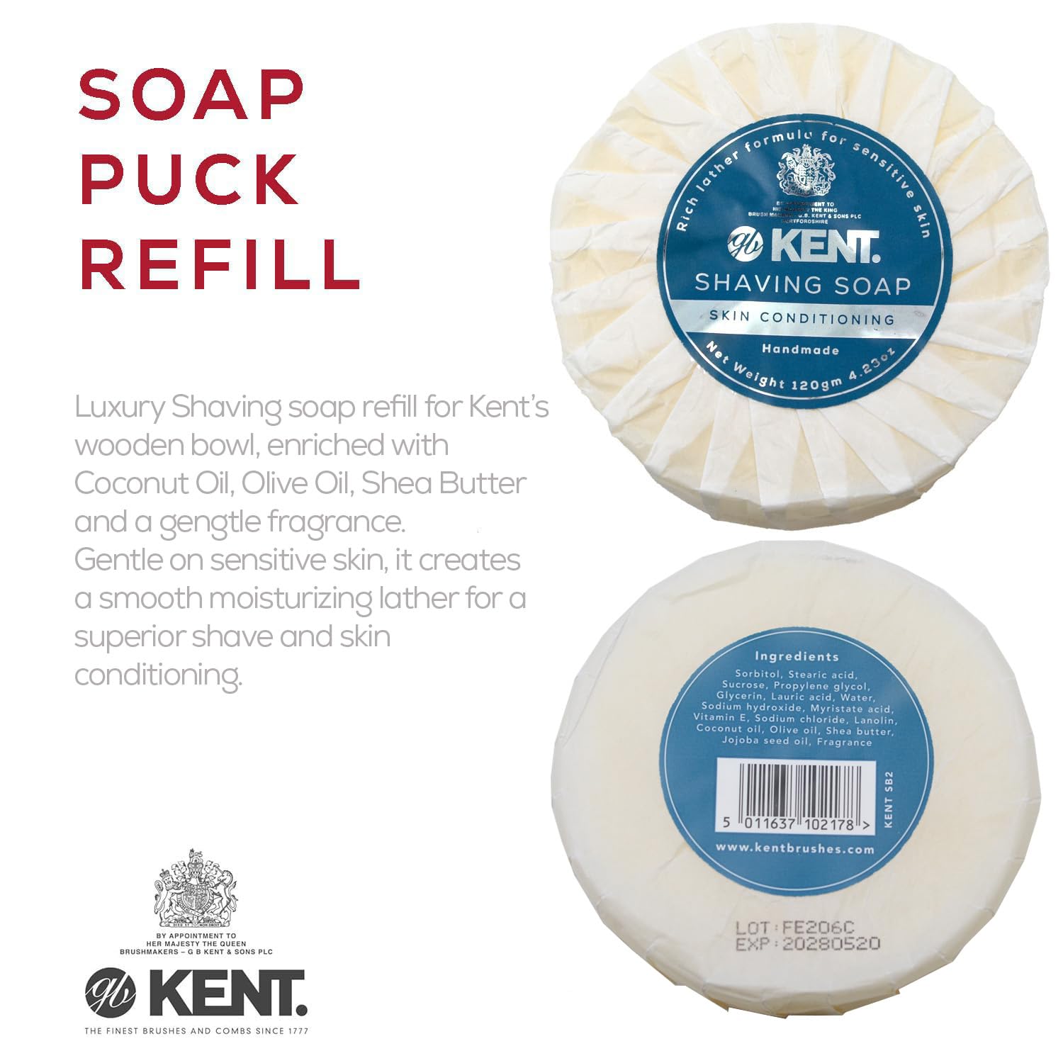 Kent SB2 Shaving Soap Puck Refill for Men for Shaving Soap Bowl Use with Shaving Brush for Men, Luxury Shave Barber Soap Made with Extracts of Coconut, Sgea, Jaboba Made in England