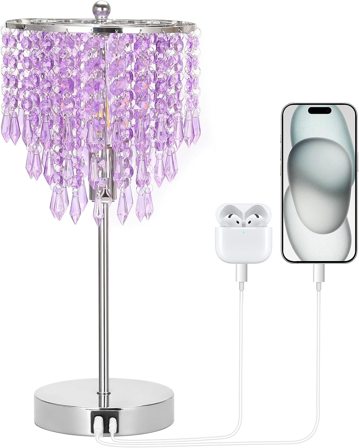 Touch Control Crystal Table Lamp with USB C+A Charging Ports, 3-Way Dimmable Bedside Touch Lamp Decorative Nightstand Lamp with Elegant Lampshade for Living Room Bedroom, B11 LED Bulb Included
