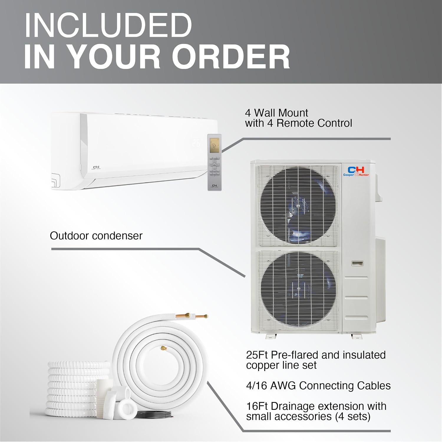 Cooper & Hunter 48,000 BTU 4-Zone Wall Mount Mini Split, 24 SEER2, 230V | 9K+12K+12K+24K BTU, Smart Kits, 25FT Install Kits, Heat Pump, Inverter, Pre-Charged, 4 Ton, Cooling & Heating, Ductless