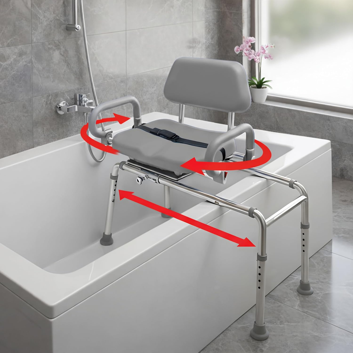 Carousel Sliding Shower Chair Tub Transfer Bench with Swivel Seat Elderly | Slide Safely In & Out of the Tub - Blue, padded seat, padded armrests, swivel seat, backrest, portable, tool-free assembly