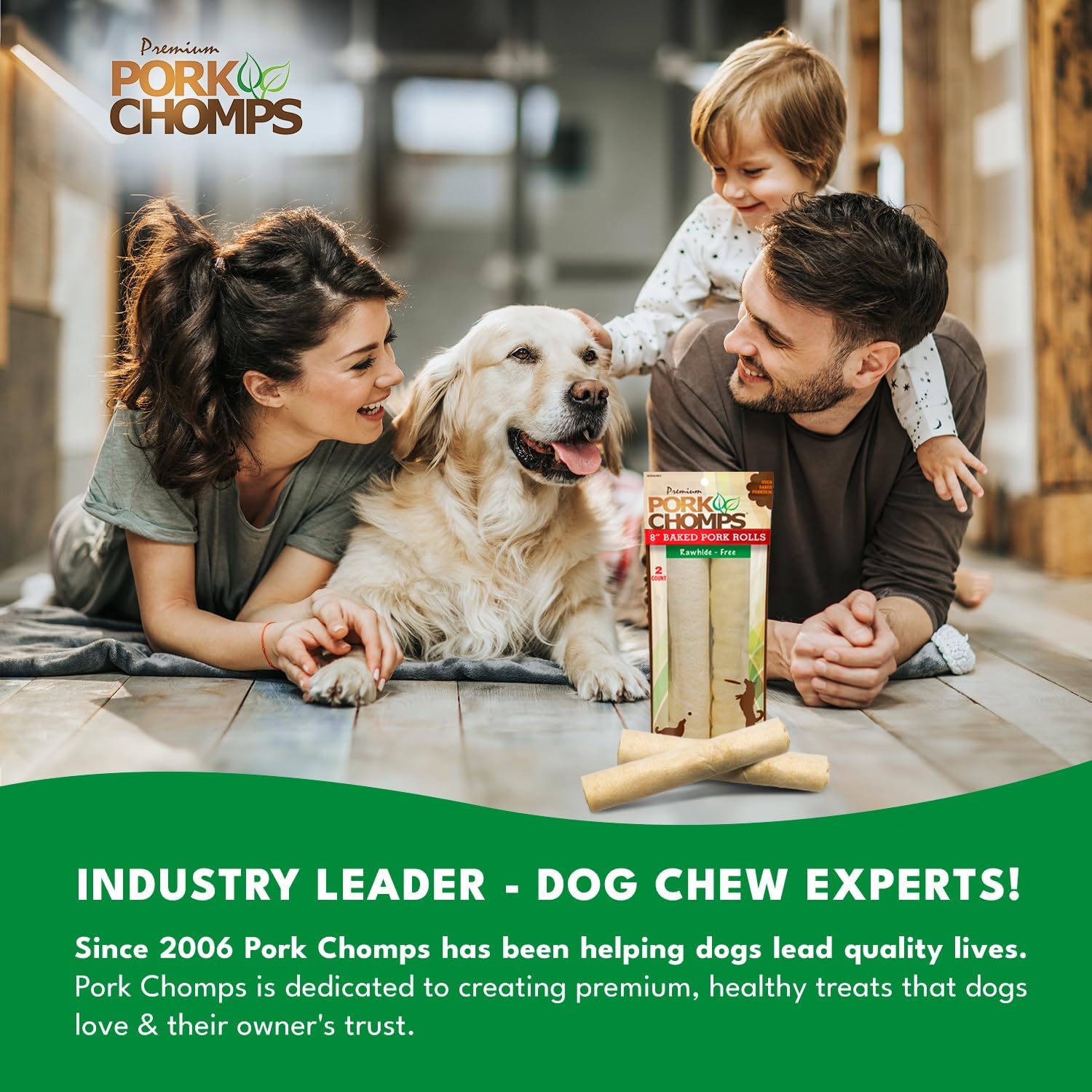 Pork Chomps Rawhide Free Pork Skin Dog Chews, Chicken Wrap, 8in Rolls, 2ct