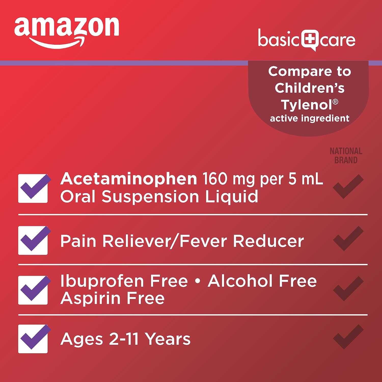 Amazon Basic Care Children's Acetaminophen 160 mg per 5 mL Oral Suspension, Grape Flavor, Pain Reliever and Fever Reducer, 4 fl oz