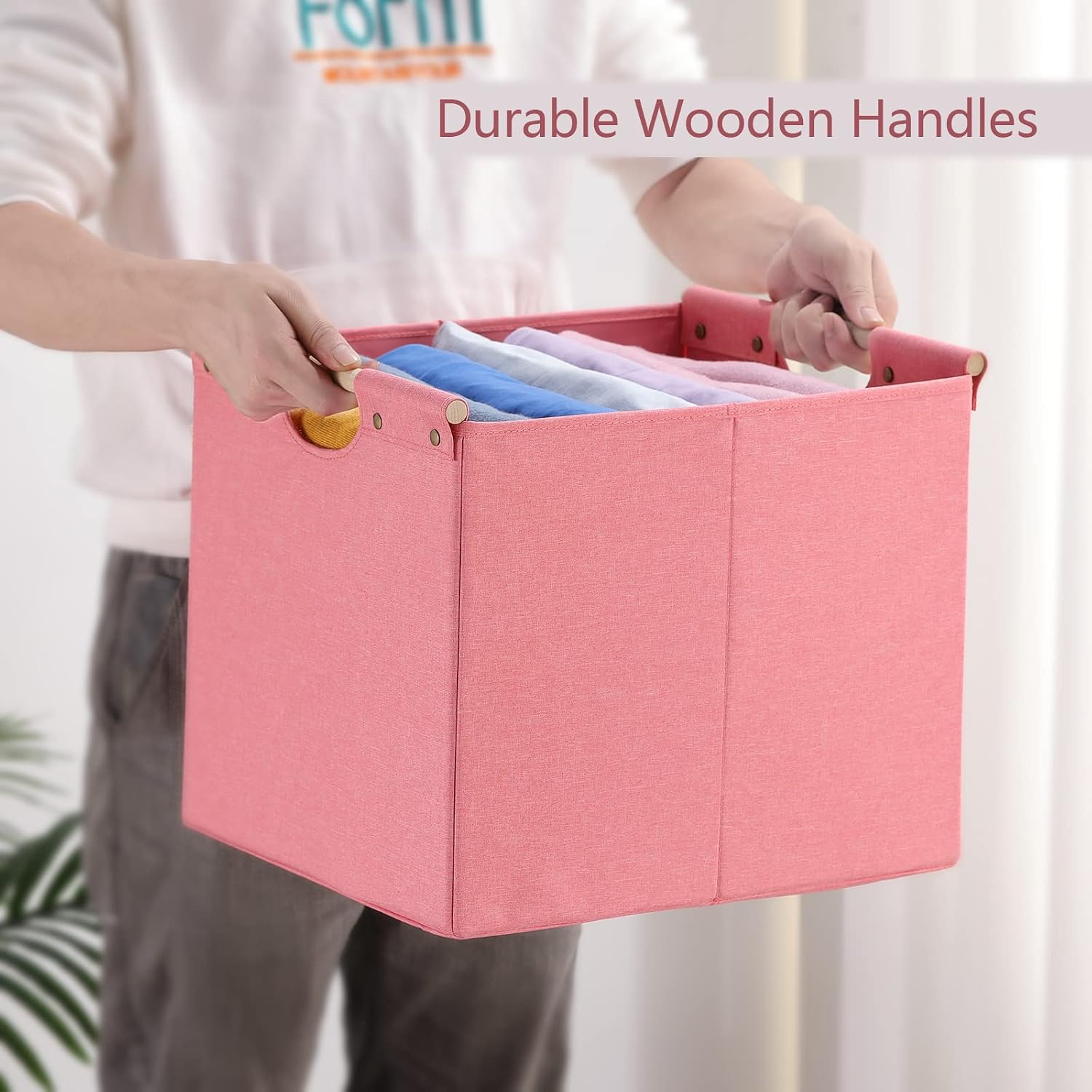 HOONEX Large Collapsible Storage Bins, Linen Fabric, 2 Pack, Storage Baskets with Wooden Carry Handles and Sturdy Heavy Cardboard, for Home, Office