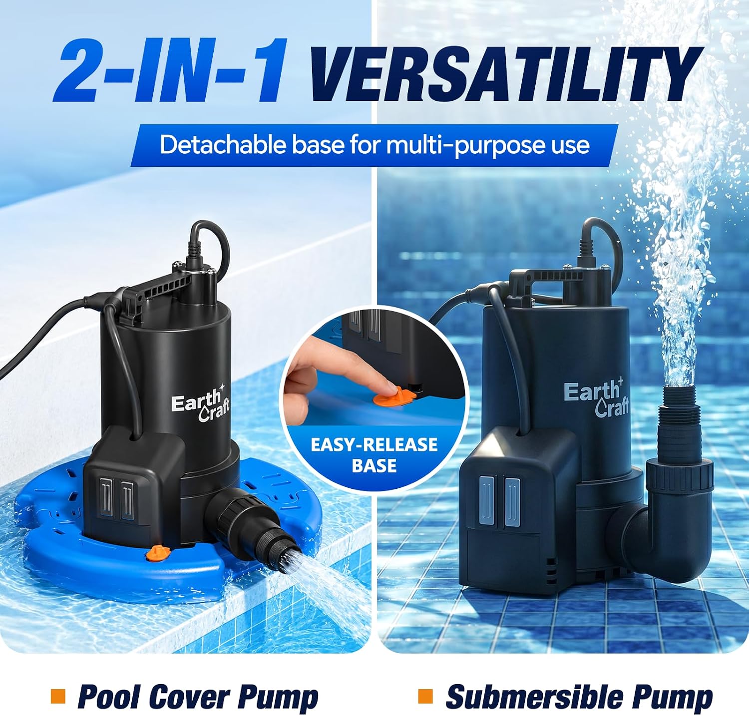 1/4 HP Pool Cover Pump, Automatic On/Off 2774 GPH Submersible Water Pump with 25FT Power Cord, Check Valve & Hose Adapters for Swimming Pools