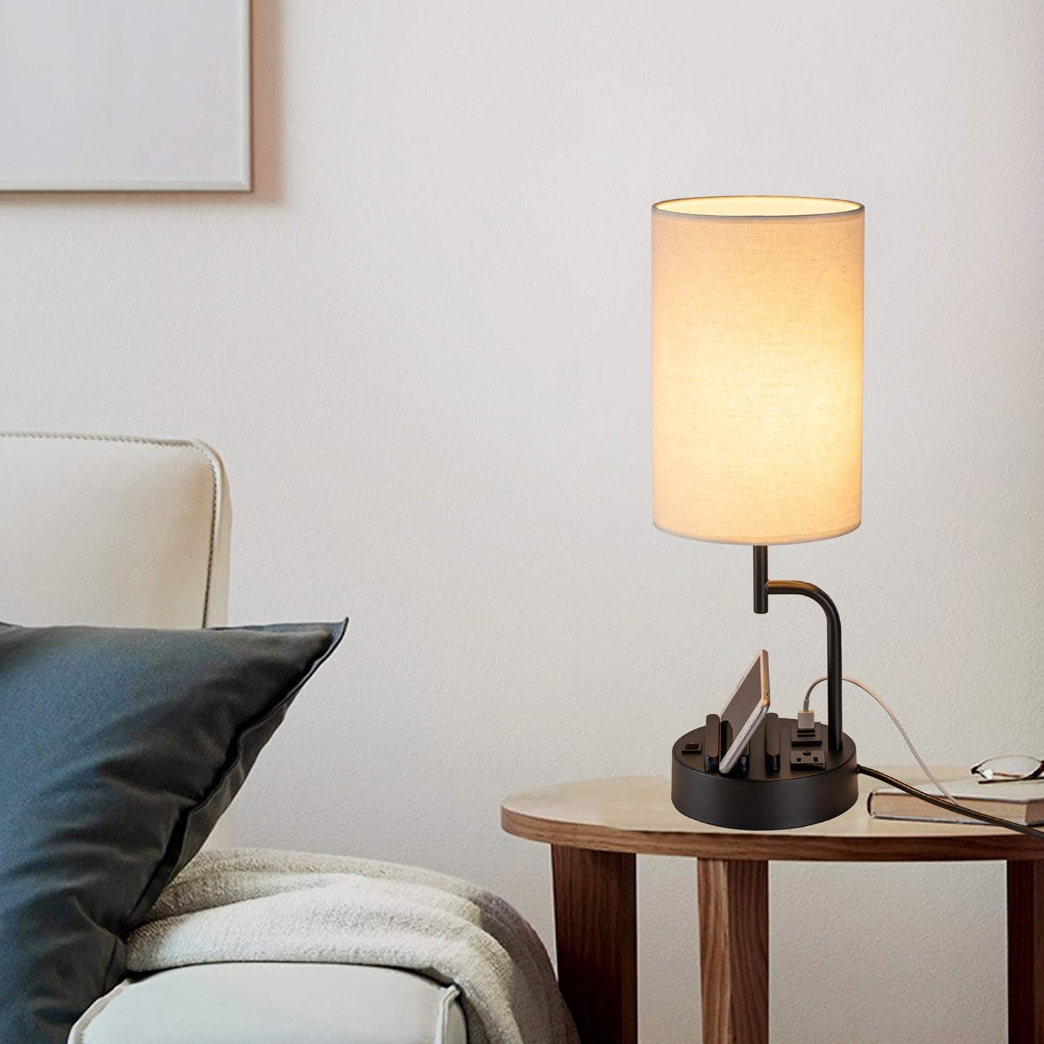 Dreamholder Table Lamp with 3 USB Charging Ports, Modern Desk Lamp with AC Outlet and Phone Stands, Perfect Bedside Lamp for Bedroom, Living Room
