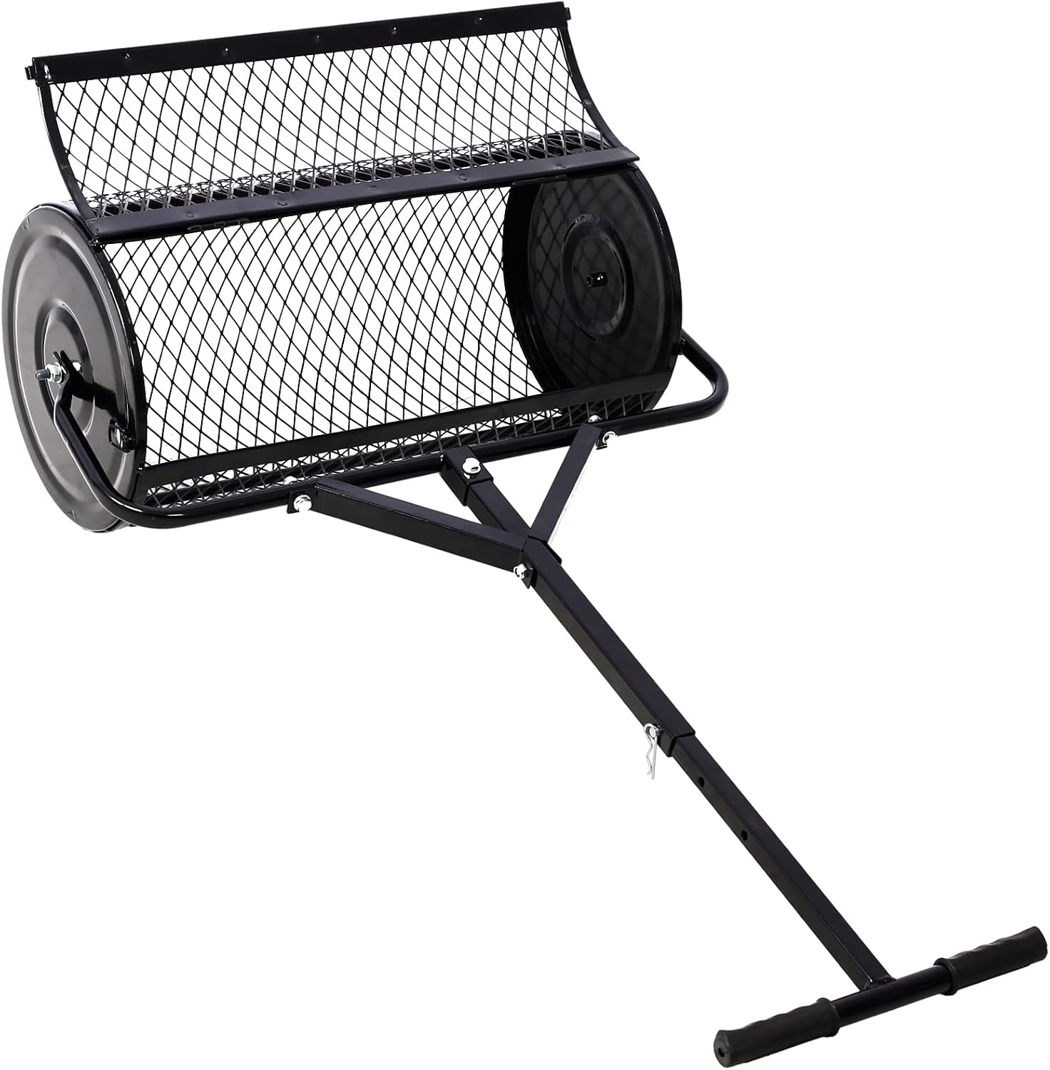 Compost Spreader - 24'' Peat Moss Spreader Manure Spreaders Roller with Adjustable T Shaped Handle Lightweight Metal Mesh Spreader for Lawn Garden Spreading Manure Topsoil, Black 0.5" x 1" Open Slits