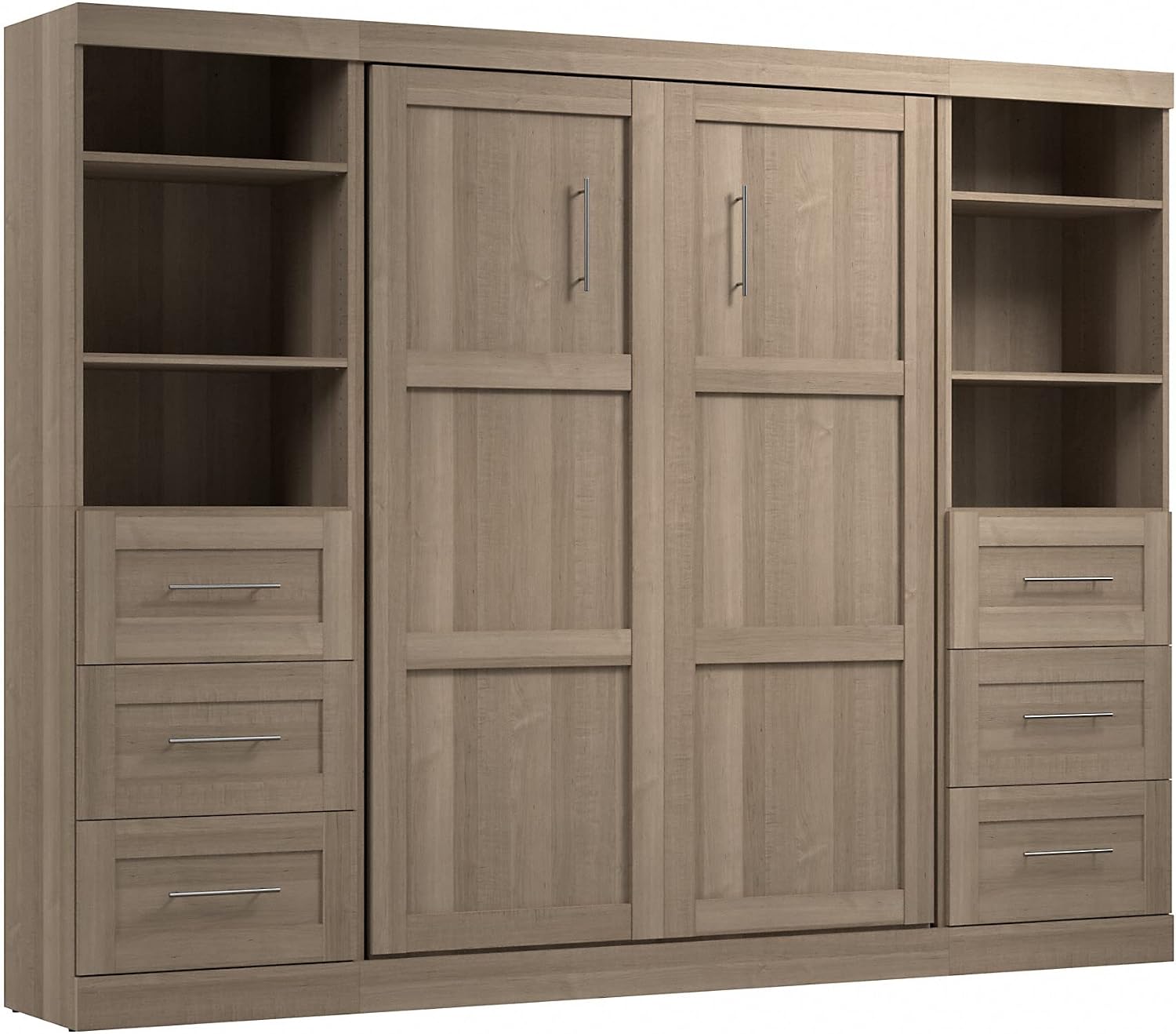 Bestar Pur Full Murphy Bed and 2 Shelving Units with Drawers, 109-inch Space-Saving Sleeping Arrangement in White | 2 Shelving Units with Drawers; supports up to 1000 lb; min. ceiling height 86.4 in.; dual piston mechanism; 10-year warranty