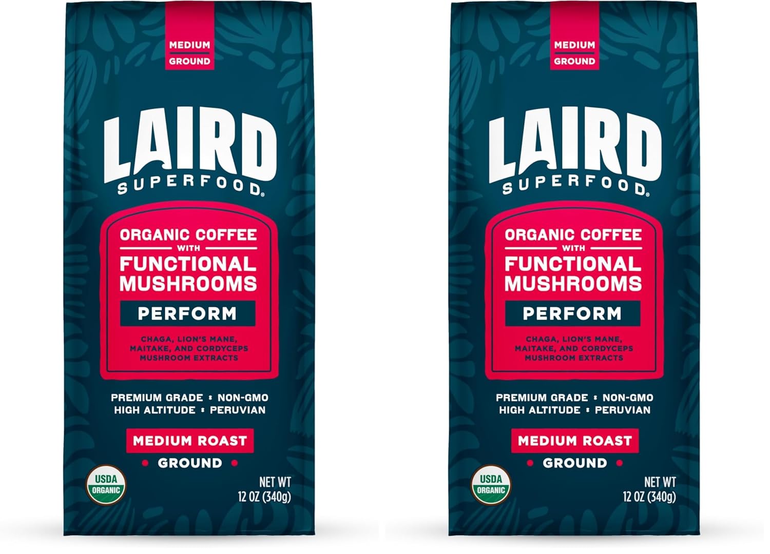 Laird Superfood Peruvian Dark Roast Coffee with Functional Mushrooms, Certified Organic Peruvian Ground Coffee Beans, Gluten-Free, Dairy-Free, Non-GMO